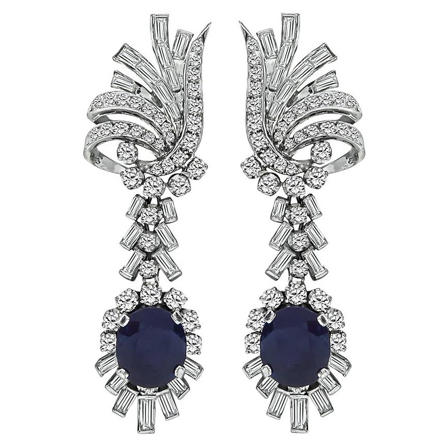 Vintage 6.00ct Sapphire 3.00ct Diamond Dangling Earrings For Sale