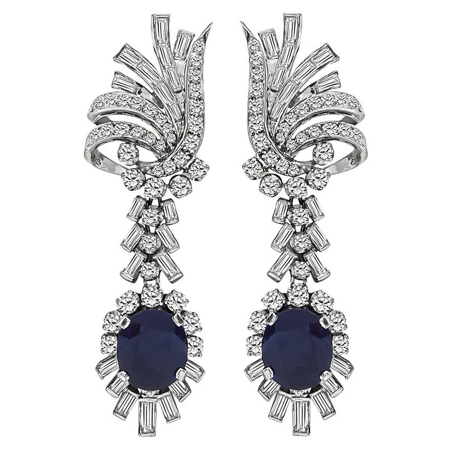 Vintage 6.00ct Sapphire 3.00ct Diamond Dangling Earrings