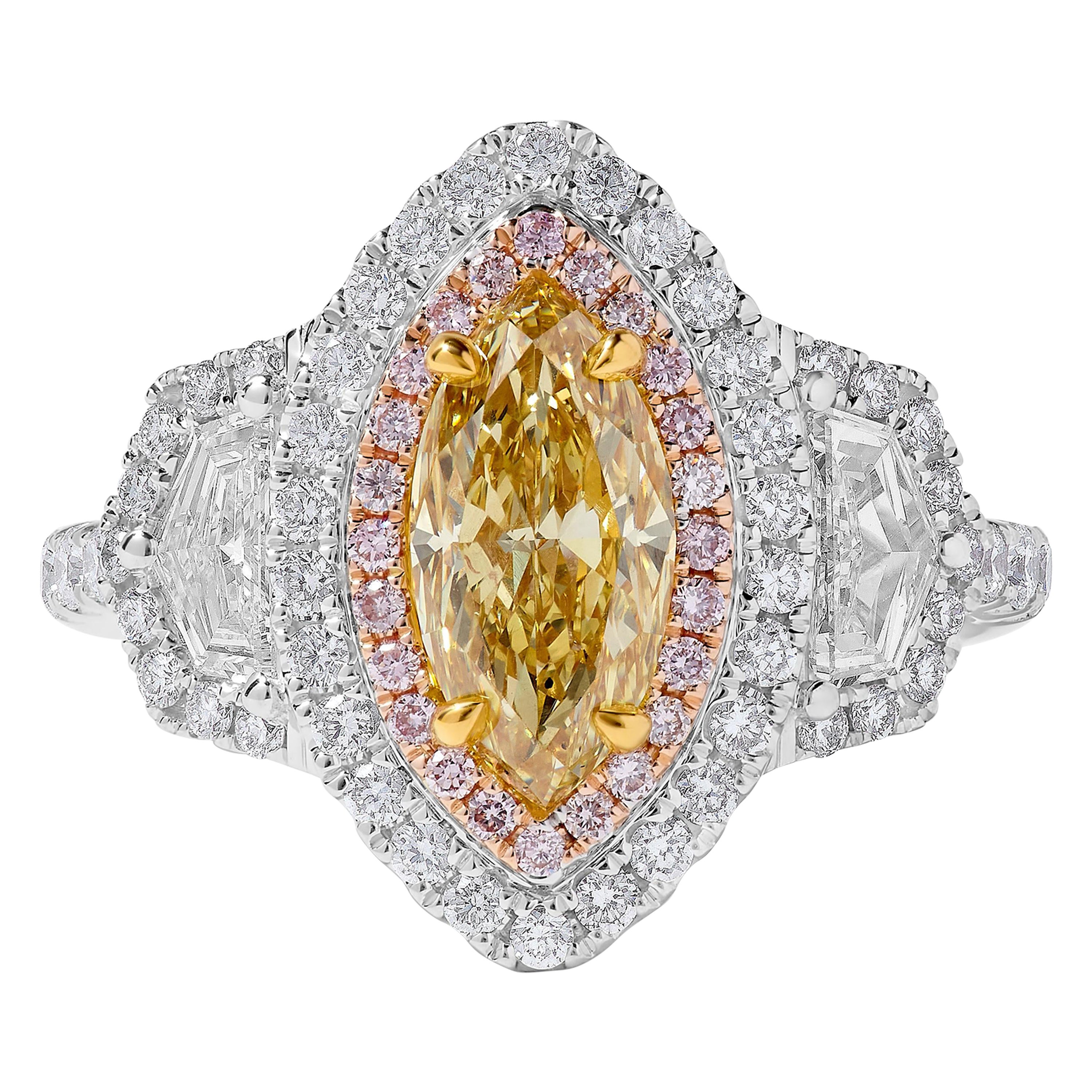 GIA Certified Natural Yellow Marquise Diamond 2.73 Carat TW Gold Cocktail Ring