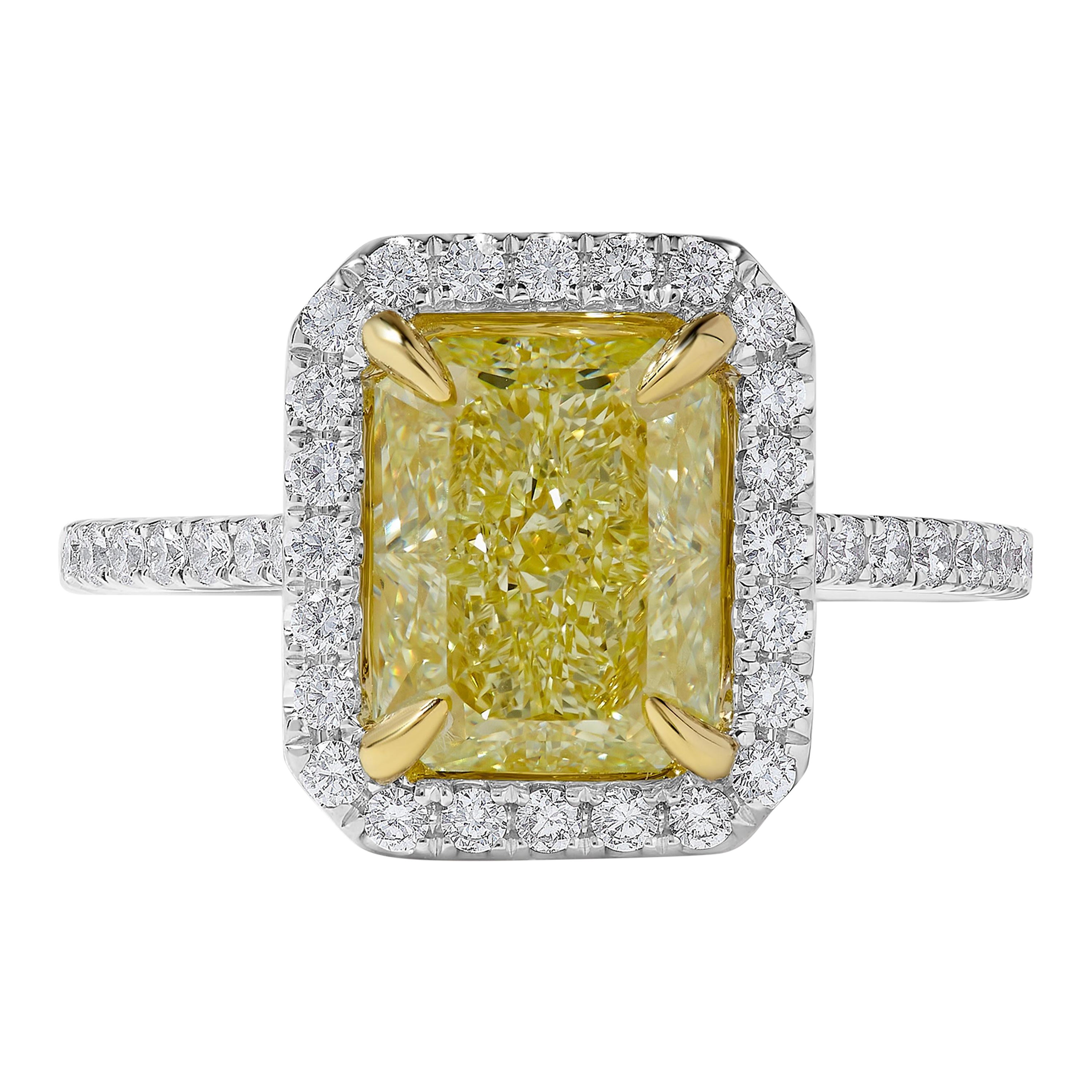 GIA Certified Natural Yellow Radiant Diamond 3.69 Carat TW Gold Cocktail Ring