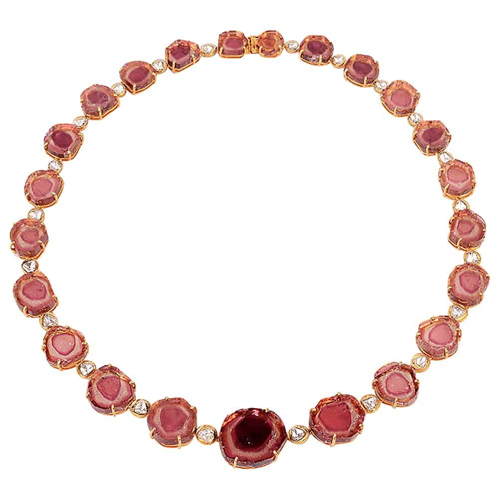 One of a Kind Watermelon Tourmaline Necklace in Gold with Diamonds