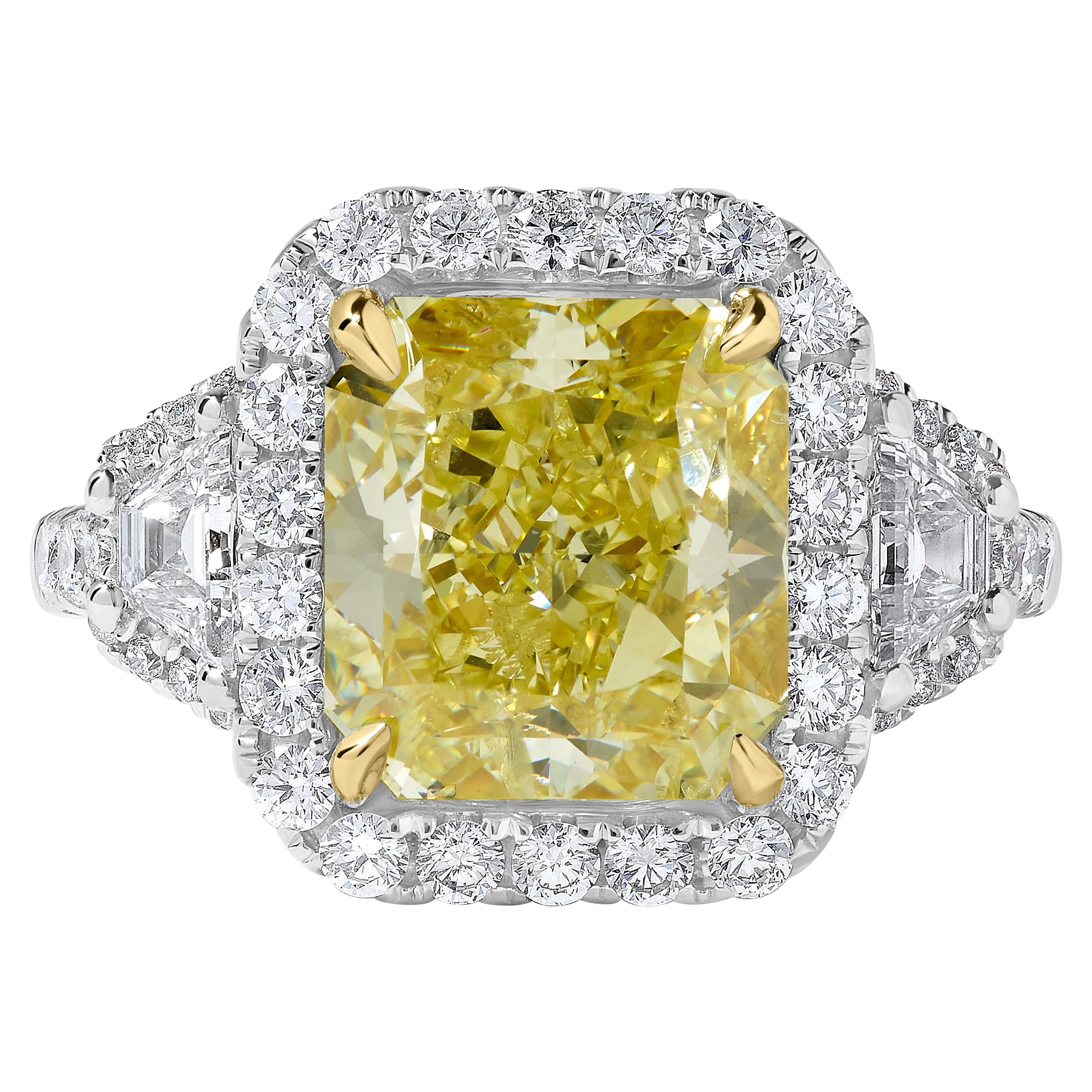 GIA Certified Natural Yellow Radiant Diamond 6.46 Carat TW Gold Cocktail Ring For Sale