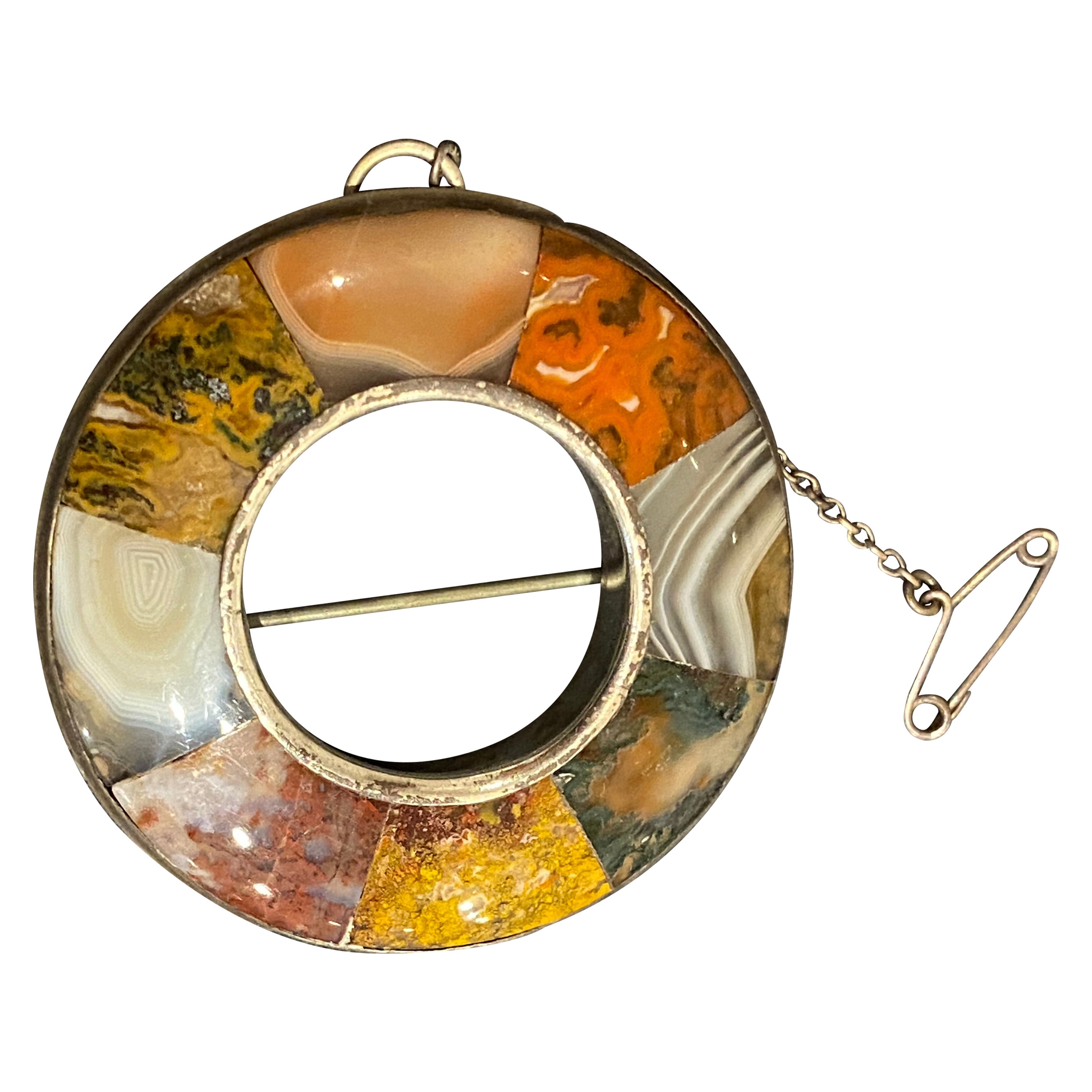 Antique XIX c. Scottish Silver Jasper & Hardstone Circular 50mm Brooch.