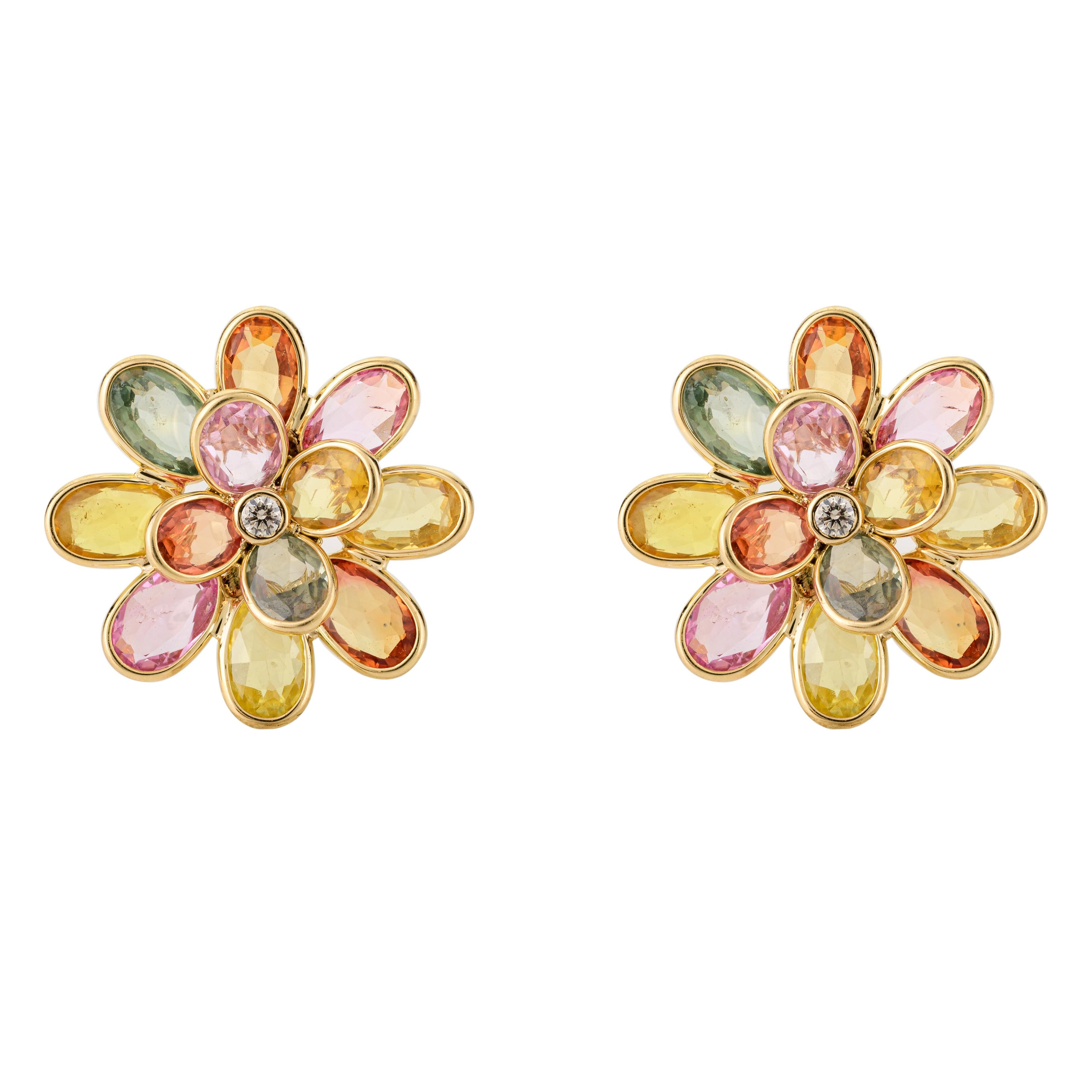 Multi Sapphire Blossom Flower 18k Yellow Gold Stud Earrings with Diamonds For Sale
