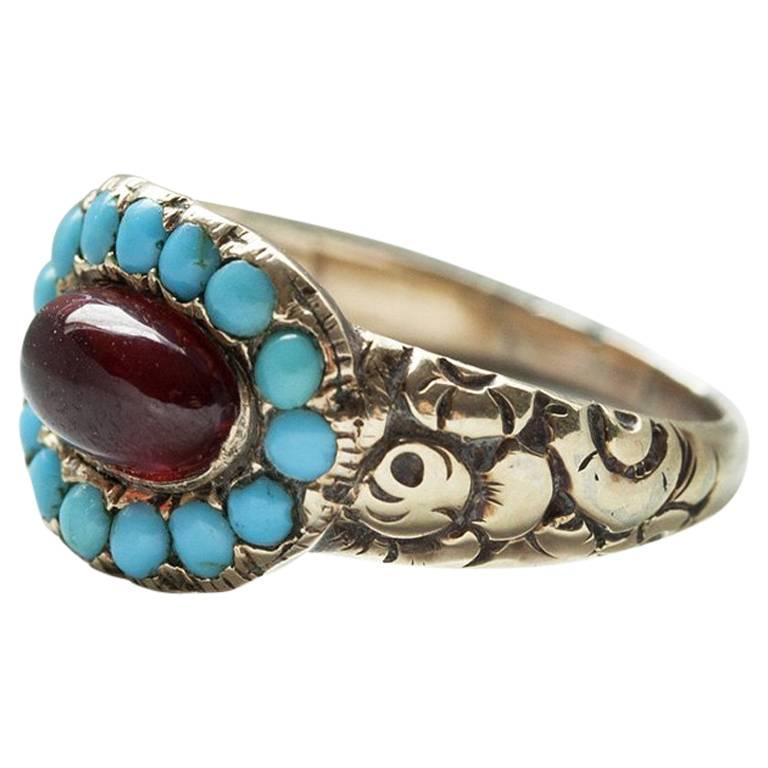 Georgian Turquoise and Garnet Cabochon Ring For Sale