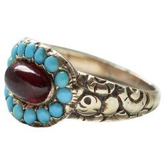 Antique Georgian Turquoise and Garnet Cabochon Ring