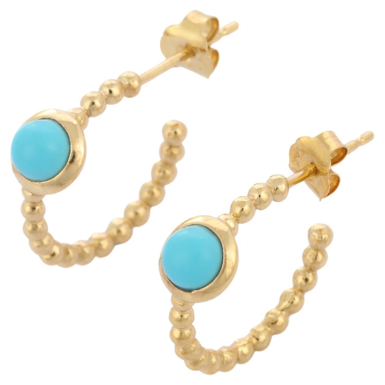 14K Solid Yellow Gold Minimal C-Hoop Earrings with Bezel Set Turquoise For Sale