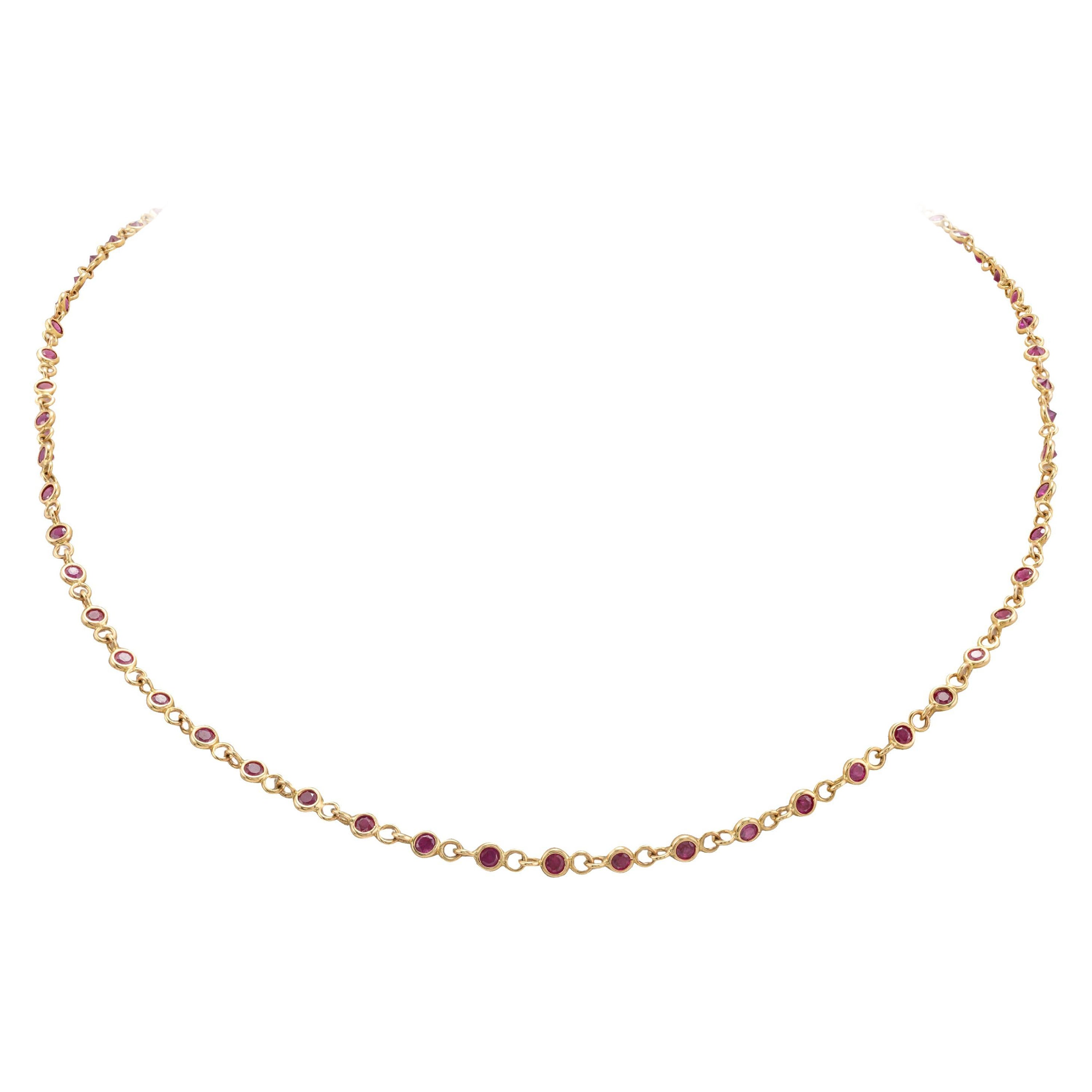Handmade Ruby Station Chain Necklace 14k Yellow Gold, Grandma Gift Christmas For Sale