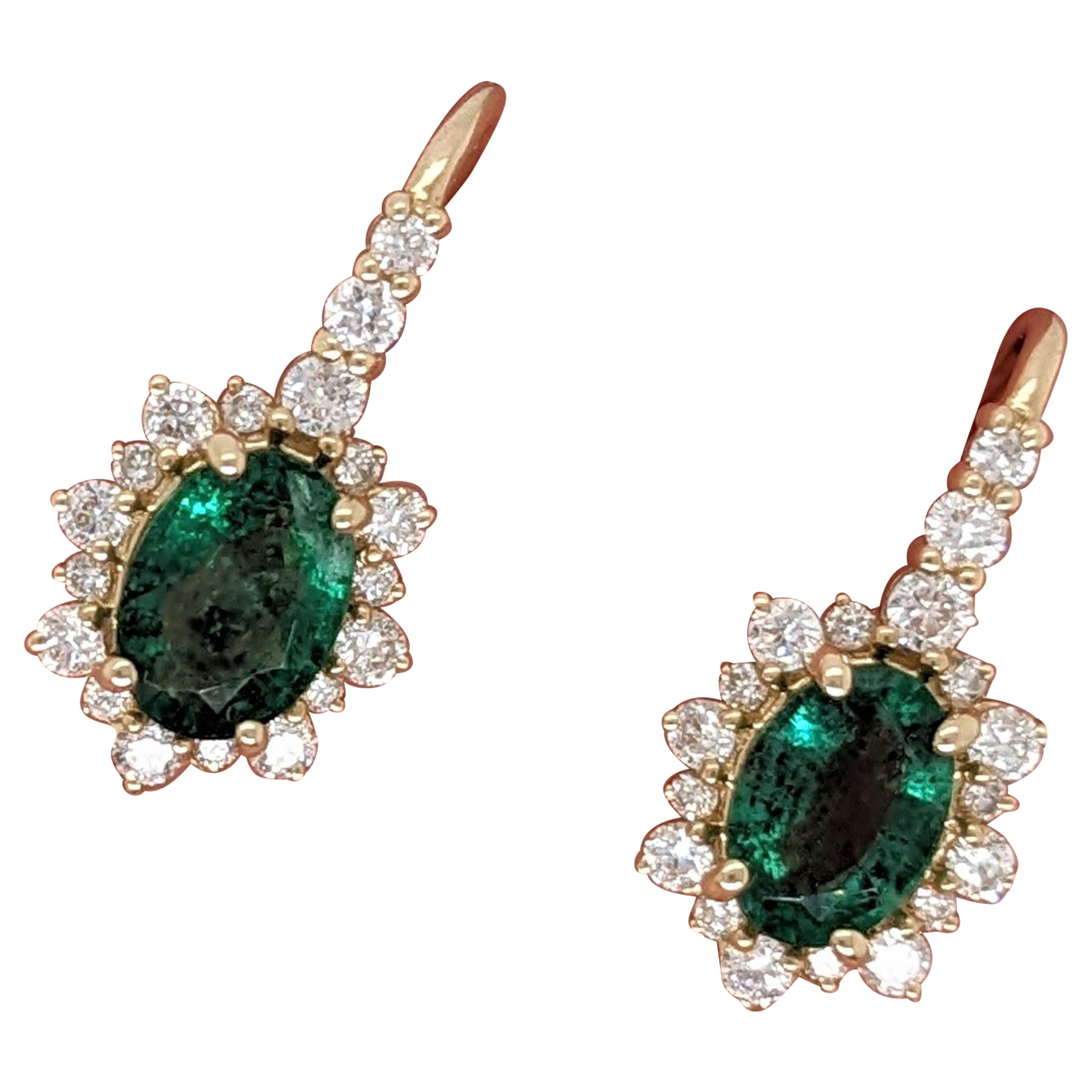 Emerald Drop Earrings w Earth Mined Diamonds in Solid 14K Yellow Gold Oval 7x5mm For Sale