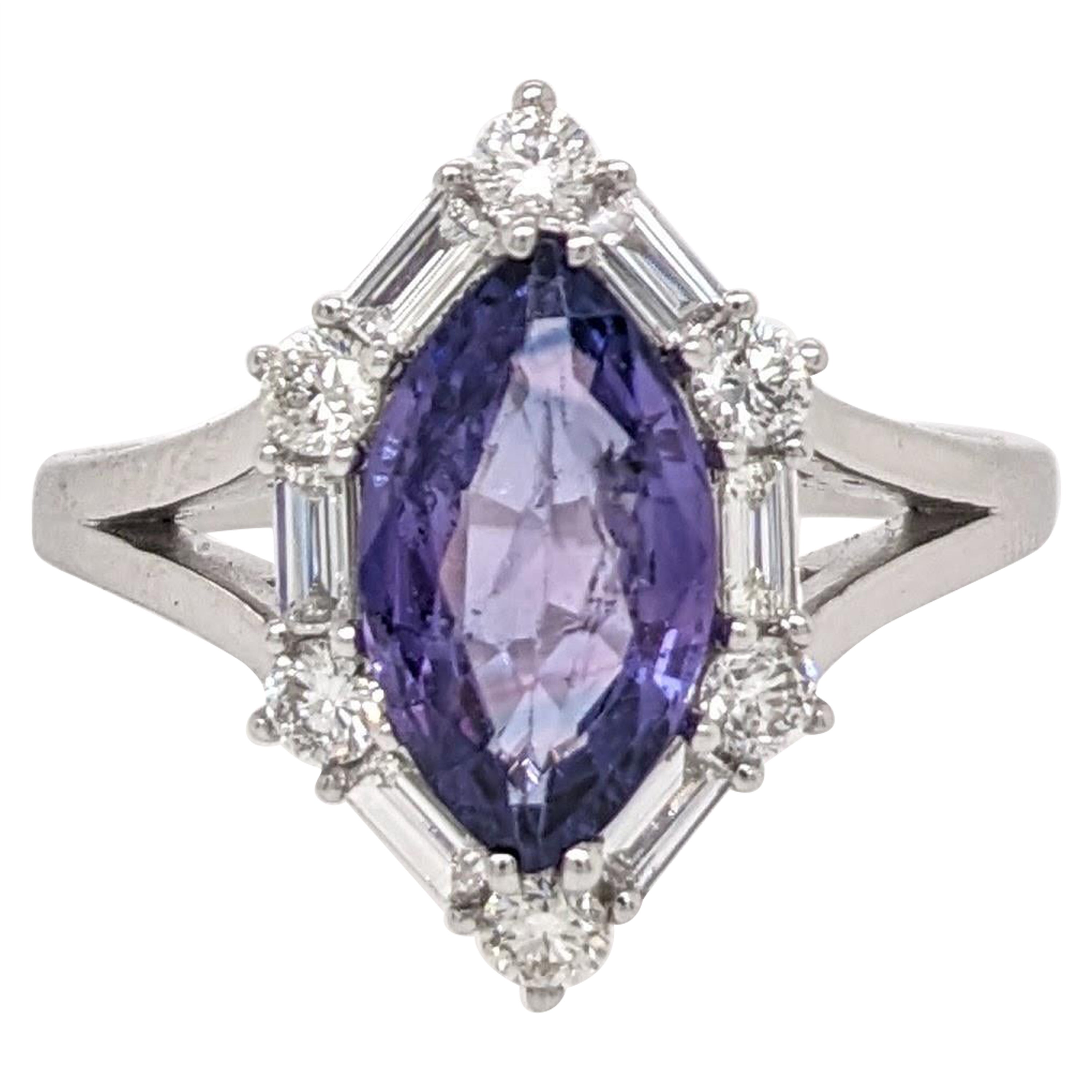 2ct Purple Sapphire Ring w Earth Mined Diamonds in Solid 14K Gold MQ 11x6.5mm For Sale
