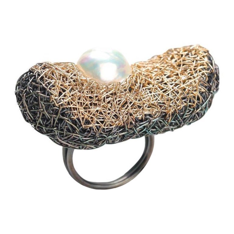 White Pearl One-of-a-Kind Cocktail Ring in Blackened Silver and Yellow Gold  For Sale