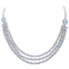 Aquamarine Colour Topazs, Diamonds, 14 Karat White and Rose Gold Necklace
