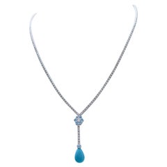 Turquoise, Topazs, Diamonds, 14 Karat White Gold Tennis Necklace.