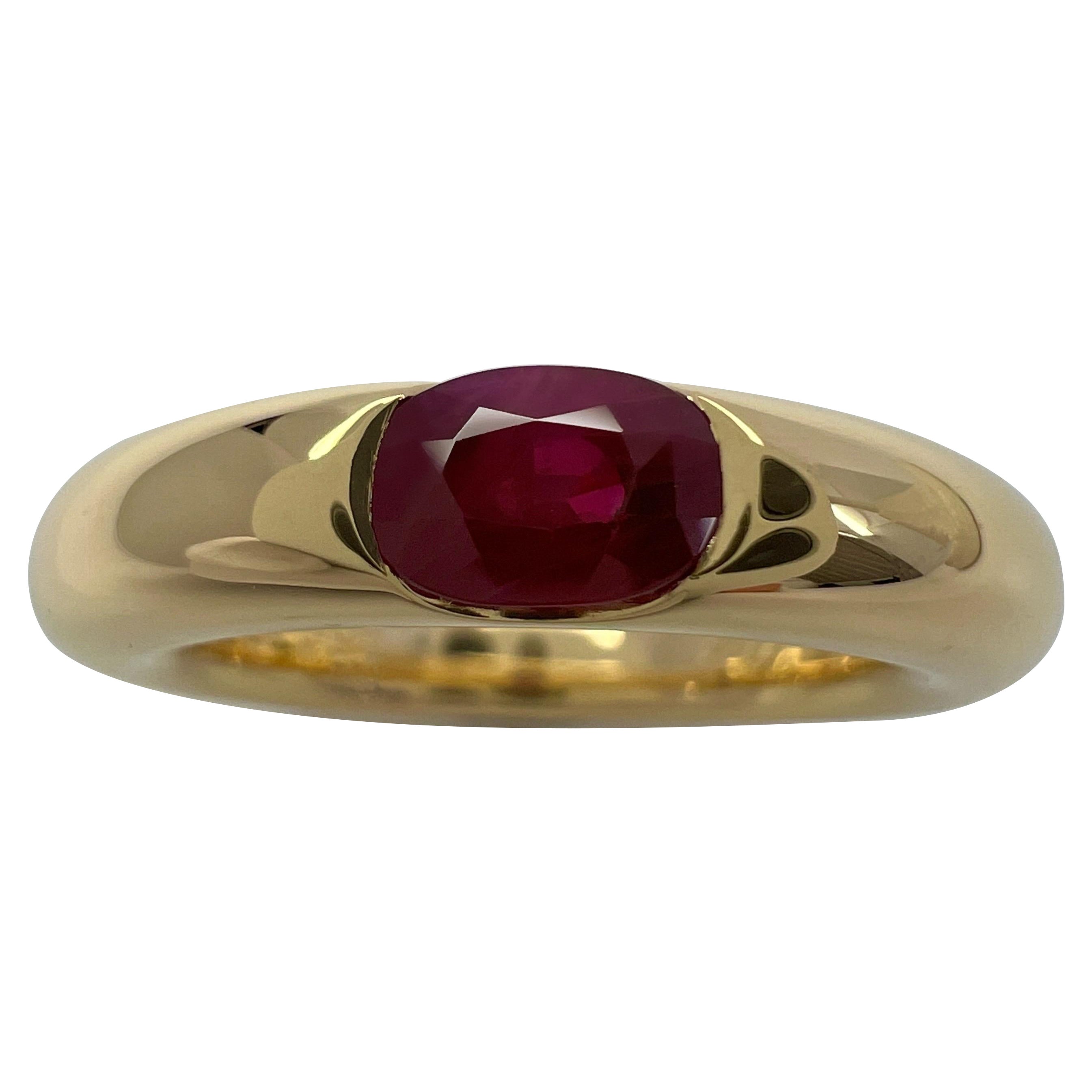 Vintage Cartier Deep Red Ruby Ellipse 18k Yellow Gold Oval Cut Solitaire Ring 5 For Sale