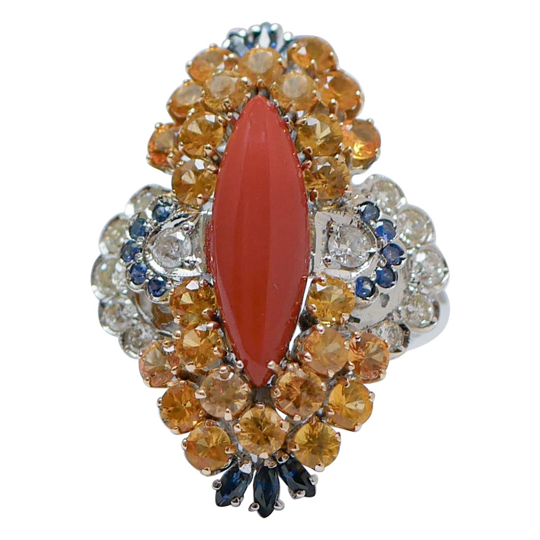 Coral, Sapphires, Topazs, Diamonds, 14 Karat White Gold Ring. For Sale