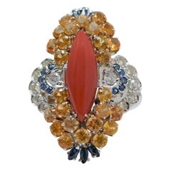 Vintage Coral, Sapphires, Topazs, Diamonds, 14 Karat White Gold Ring.
