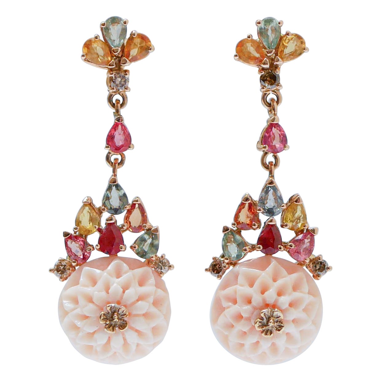 Coral, Multicolor Sapphires, Diamonds, 14 Karat Rose Gold Earrings. For Sale