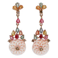 Vintage Coral, Multicolor Sapphires, Diamonds, 14 Karat Rose Gold Earrings.