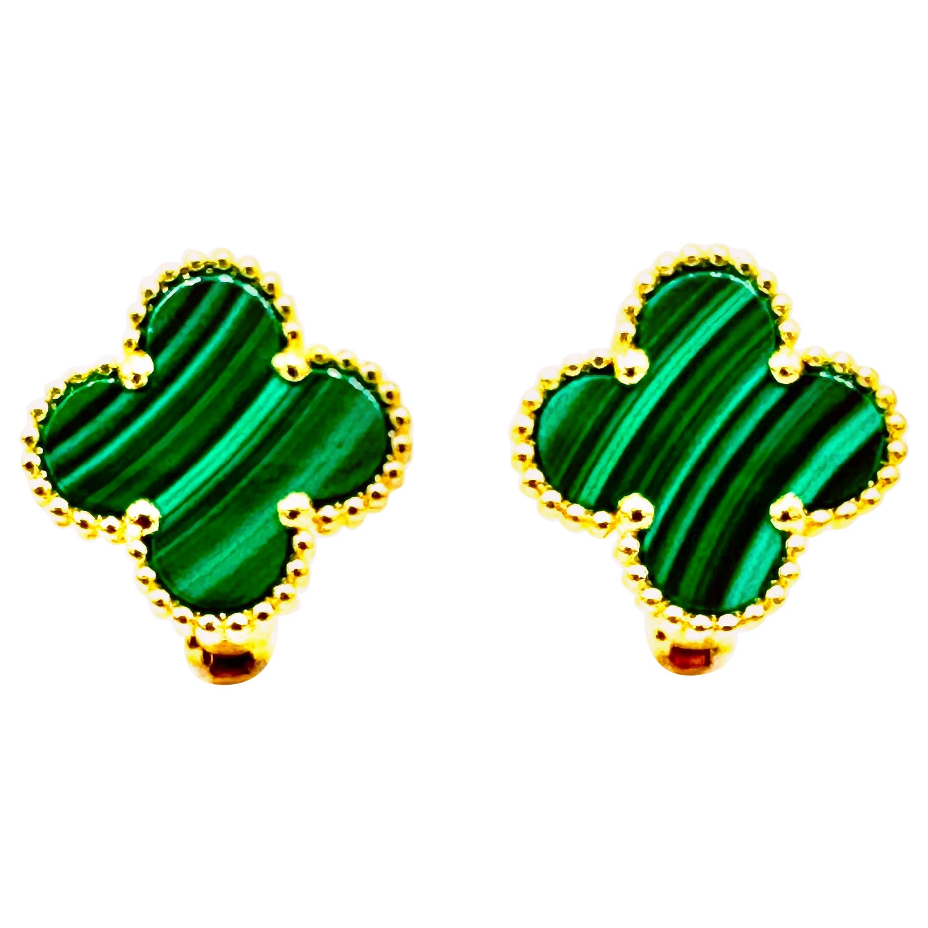 Van Cleef & Arpels Vinatge Alhambra Malachite and 18K Yellow Gold Earrings  For Sale