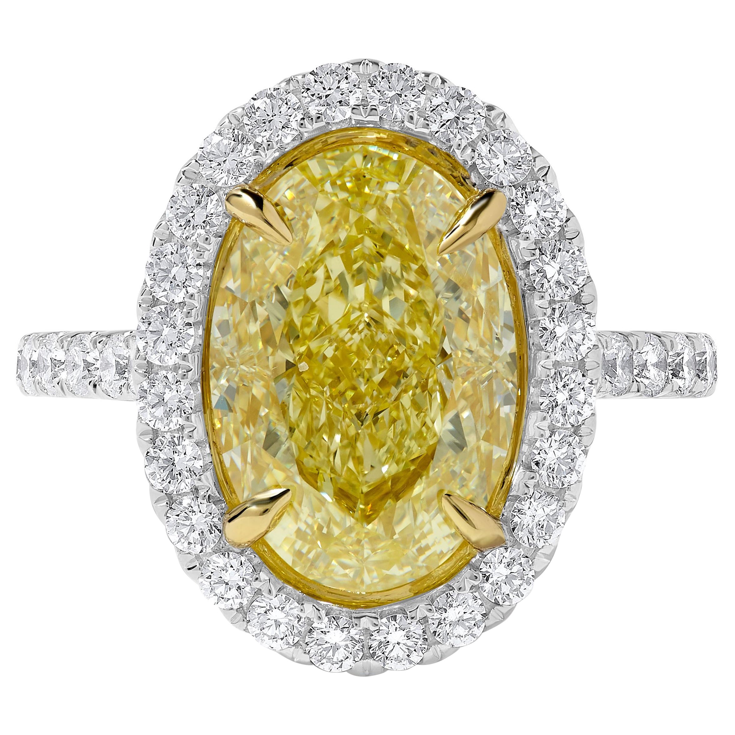 GIA Certified Natural Yellow Oval Diamond 5.78 Carat TW Gold Cocktail Ring For Sale