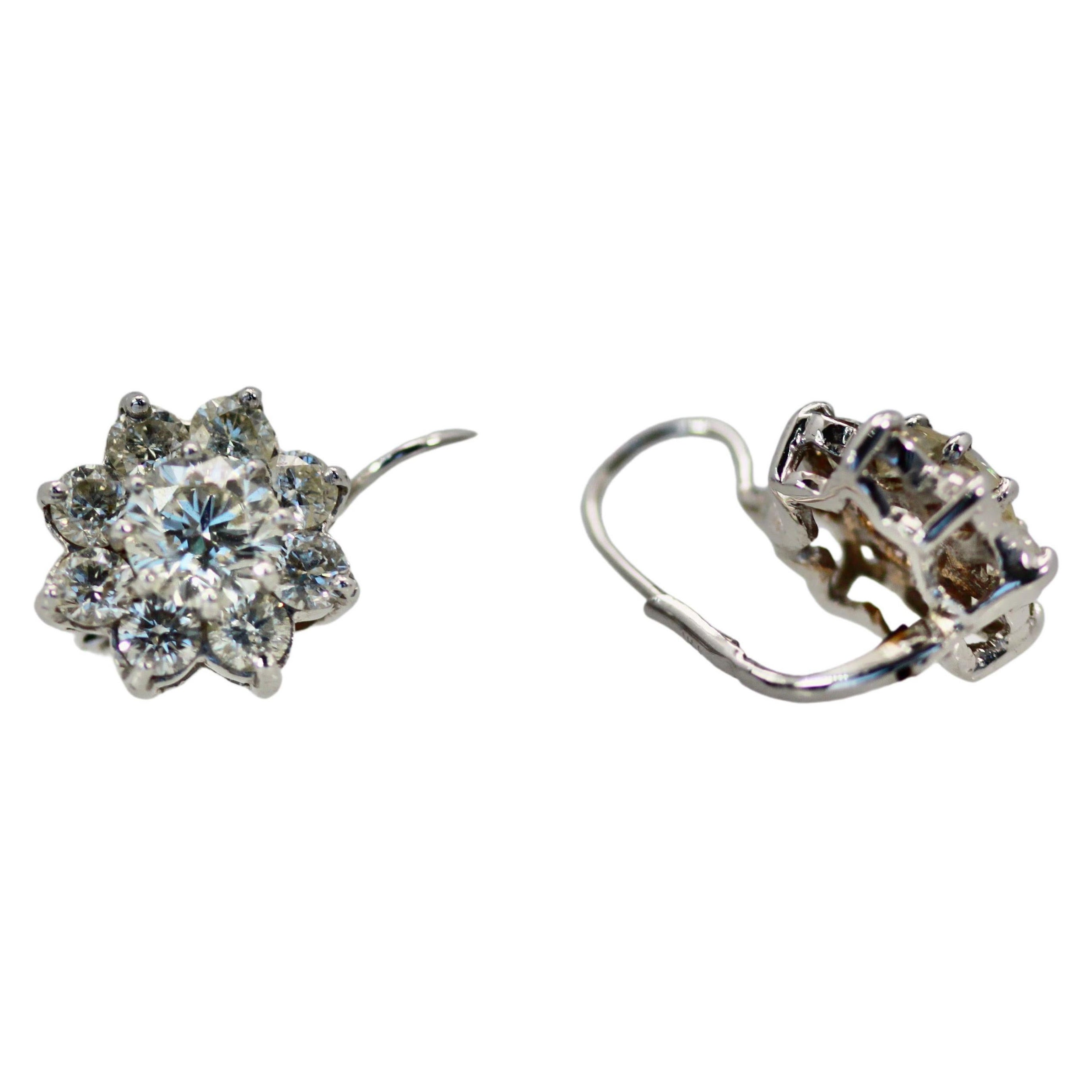 Diamond Flower Earrings 14K For Sale