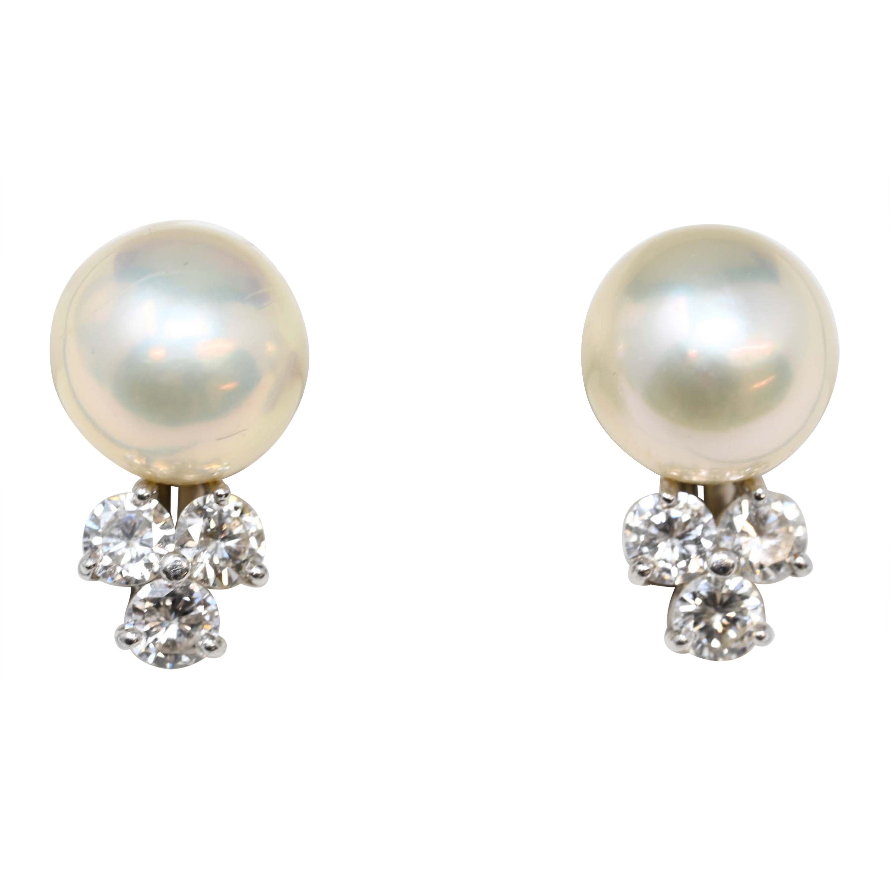 Boucles d'oreilles vintage en or blanc 14k diamant et perle de 10mm
