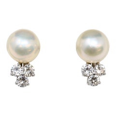 Vintage 14k White Gold Earrings Diamond & 10mm Pearl