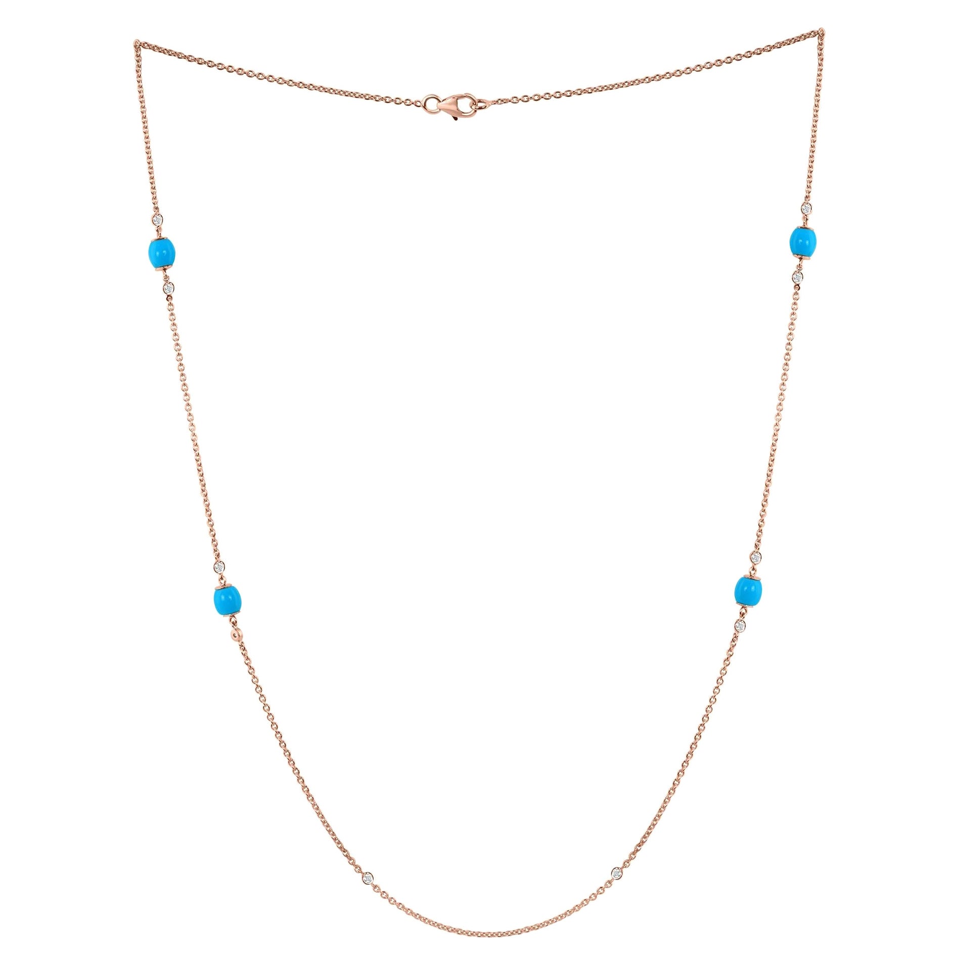 Natural Arizona Turquoise Bead Chain Necklace Diamond 14 Karat Rose Gold Jewelry For Sale