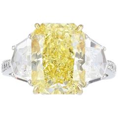 5.07 Carat Fancy Intense Radiant Cut Diamond Three-Stone Ring 12