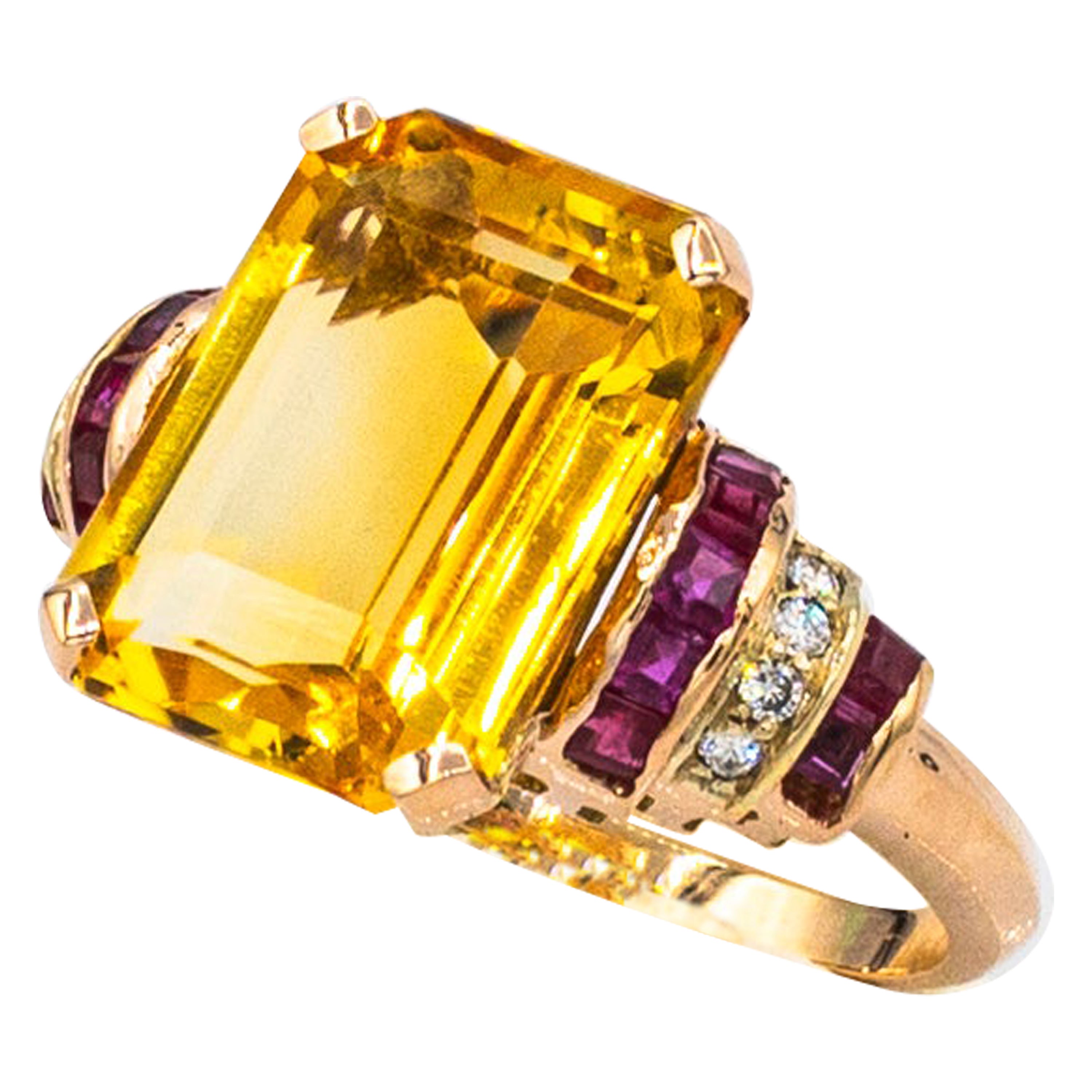 Art Deco Style White Diamond Ruby Octagon Cut Citrine Yellow Gold Cocktail Ring For Sale