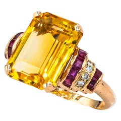 Art Deco Style White Diamond Ruby Octagon Cut Citrine Yellow Gold Cocktail Ring