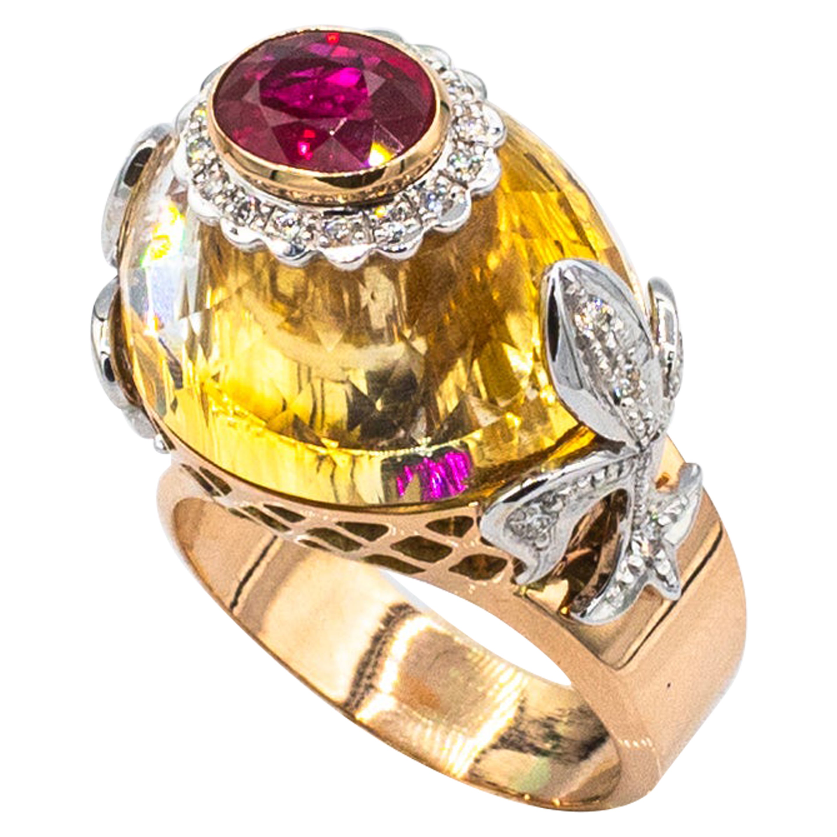 Art Deco Style White Diamond Oval Cut Ruby Citrine Rosé Gold Cocktail Ring For Sale