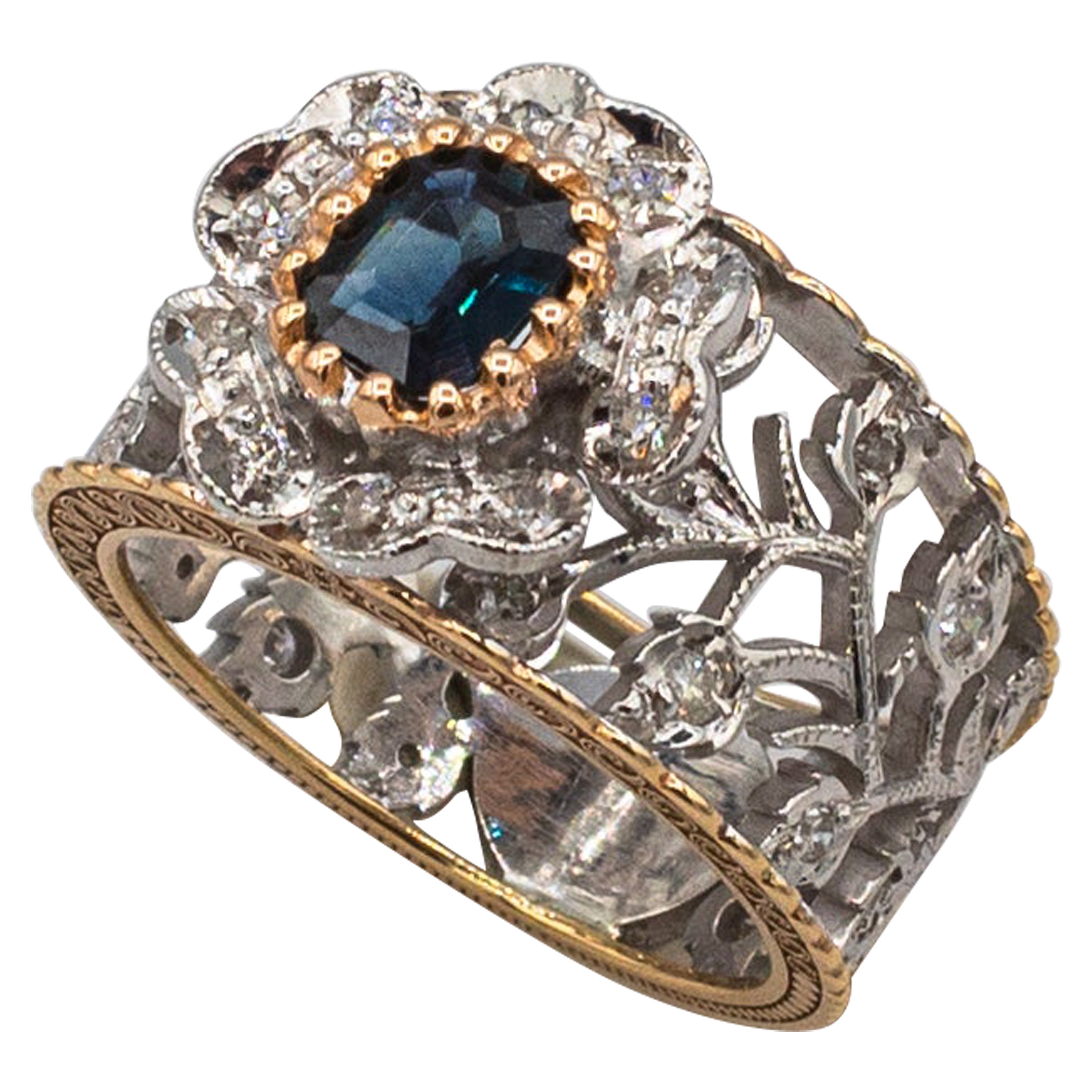 Art Deco Style White Diamond Emerald Cut Blue Sapphire Yellow Gold Band Ring For Sale