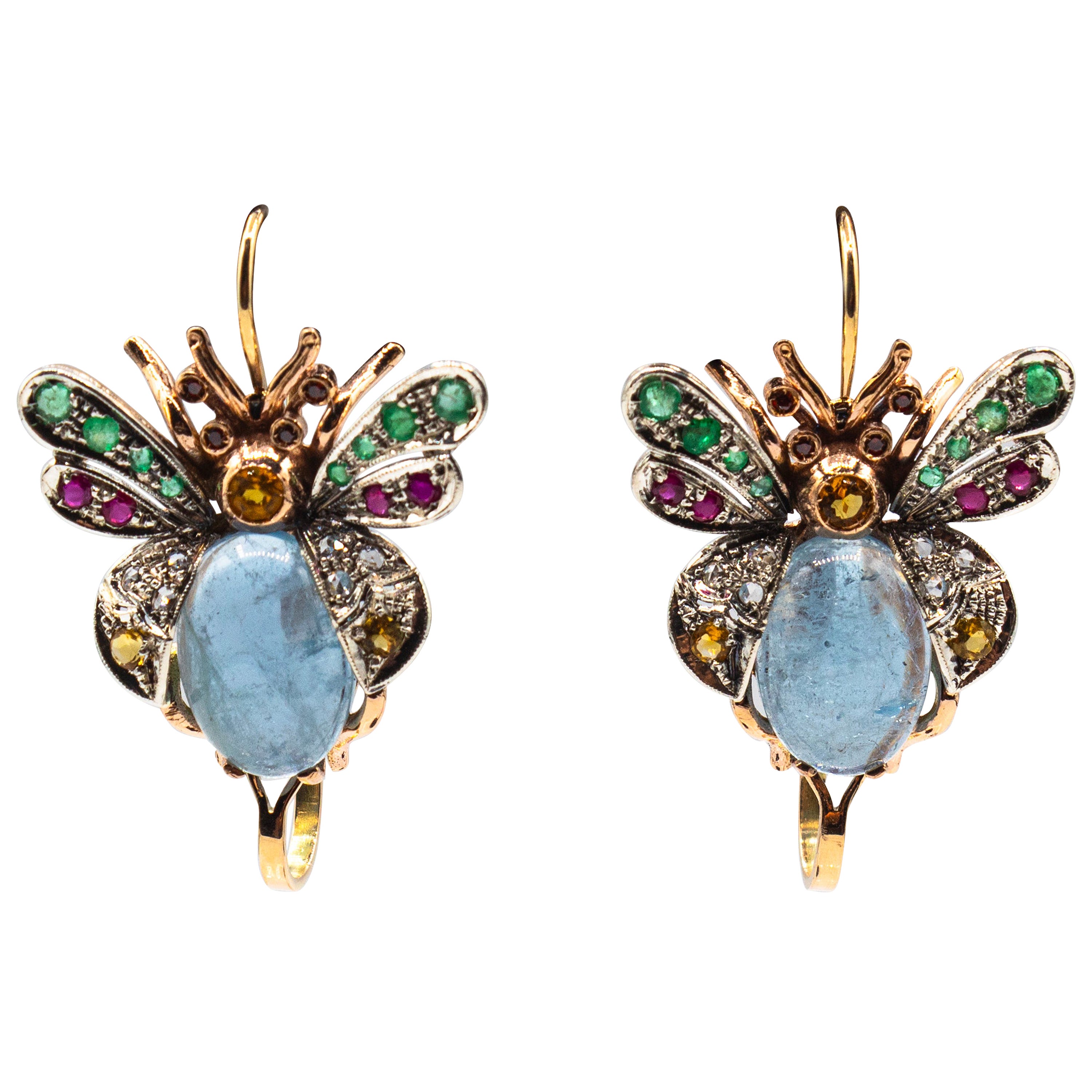 Art Nouveau Style Diamond Emerald Sapphire Ruby Aquamarine Yellow Gold Earrings For Sale