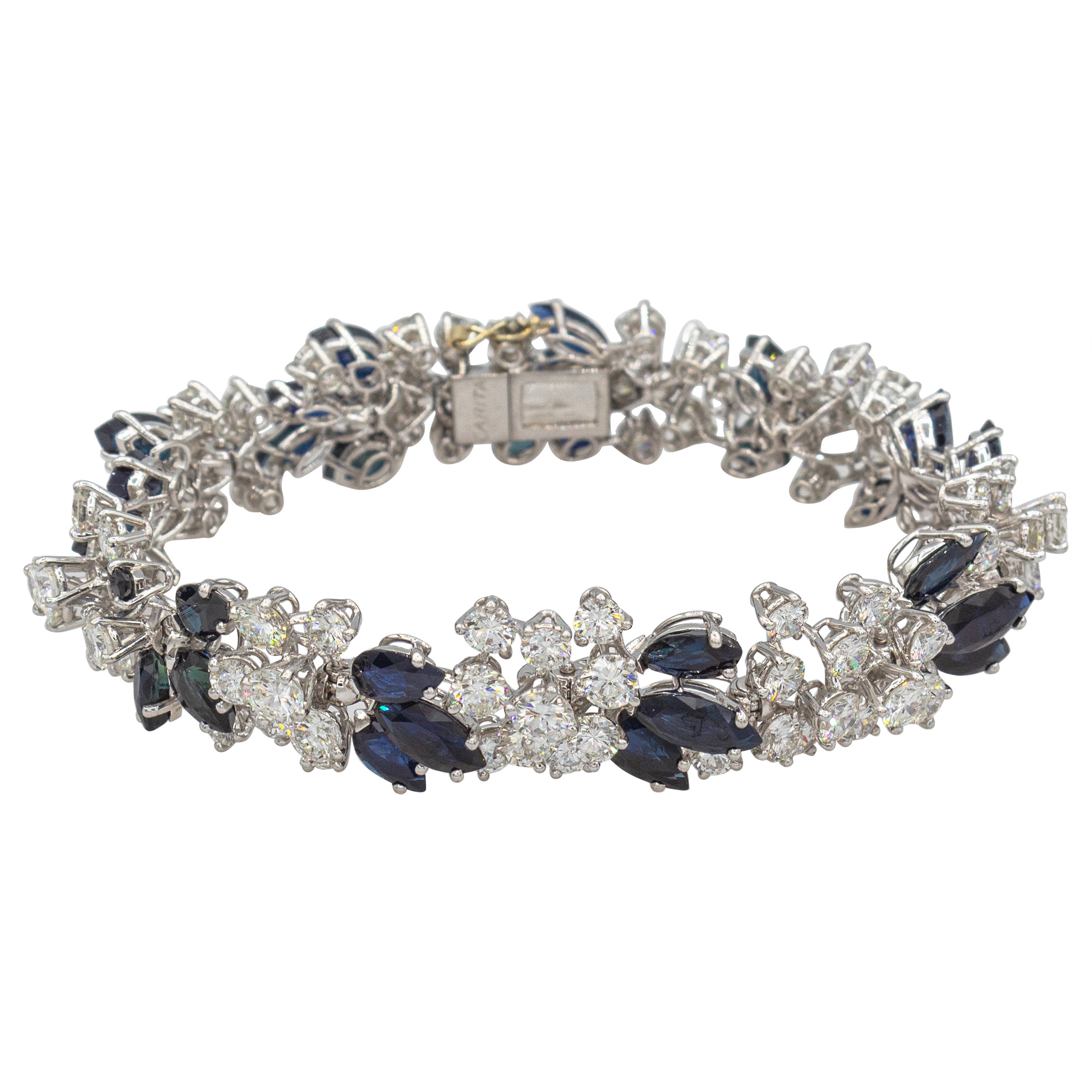 Art Deco Style White Brilliant Cut Diamond Blue Sapphire White Gold Bracelet For Sale