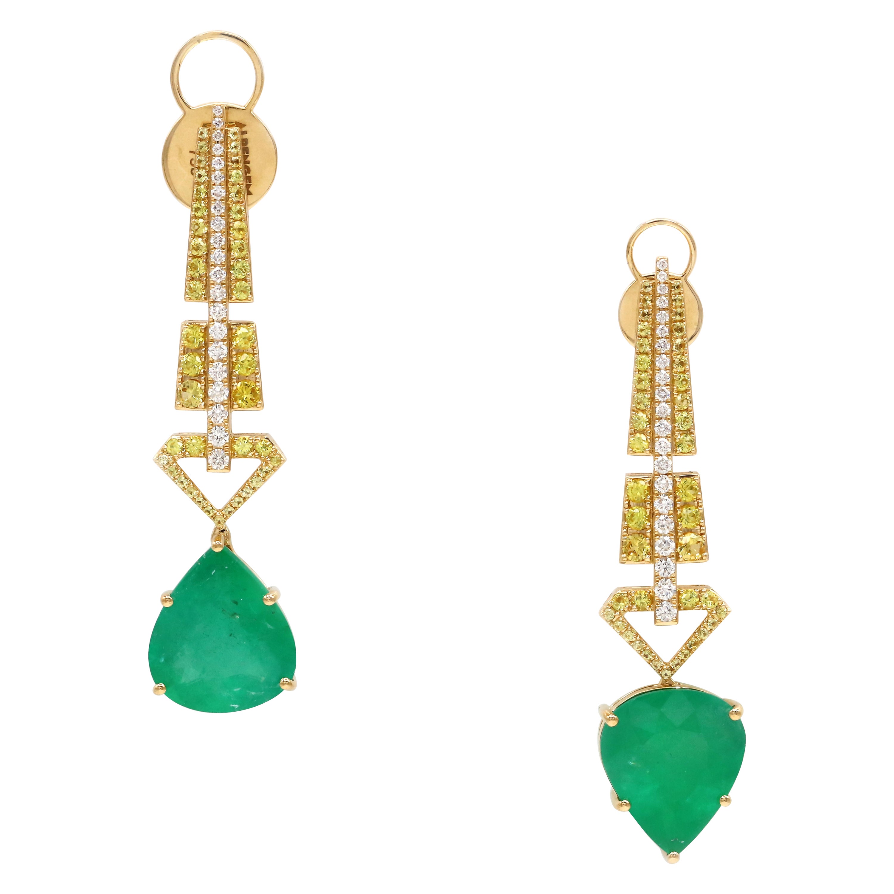 Dangle Yellow Sapphire Emerald Diamond 18K Yellow Gold Earrings For Her For Sale
