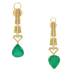 Dangle Yellow Sapphire Emerald Diamond 18K Yellow Gold Earrings For Her