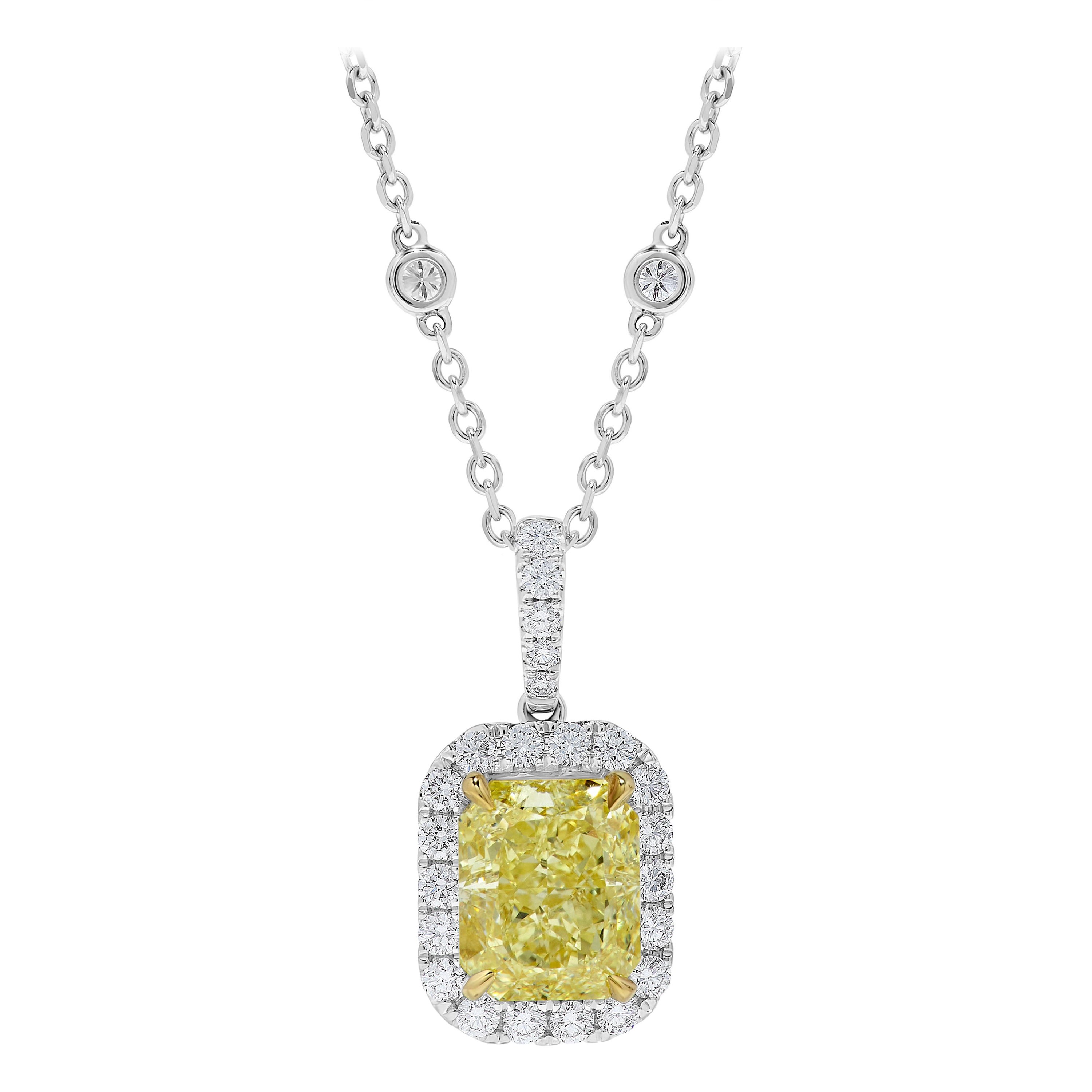 GIA Certified Natural Yellow Radiant Diamond 3.44 Carat TW Gold Drop Pendant For Sale
