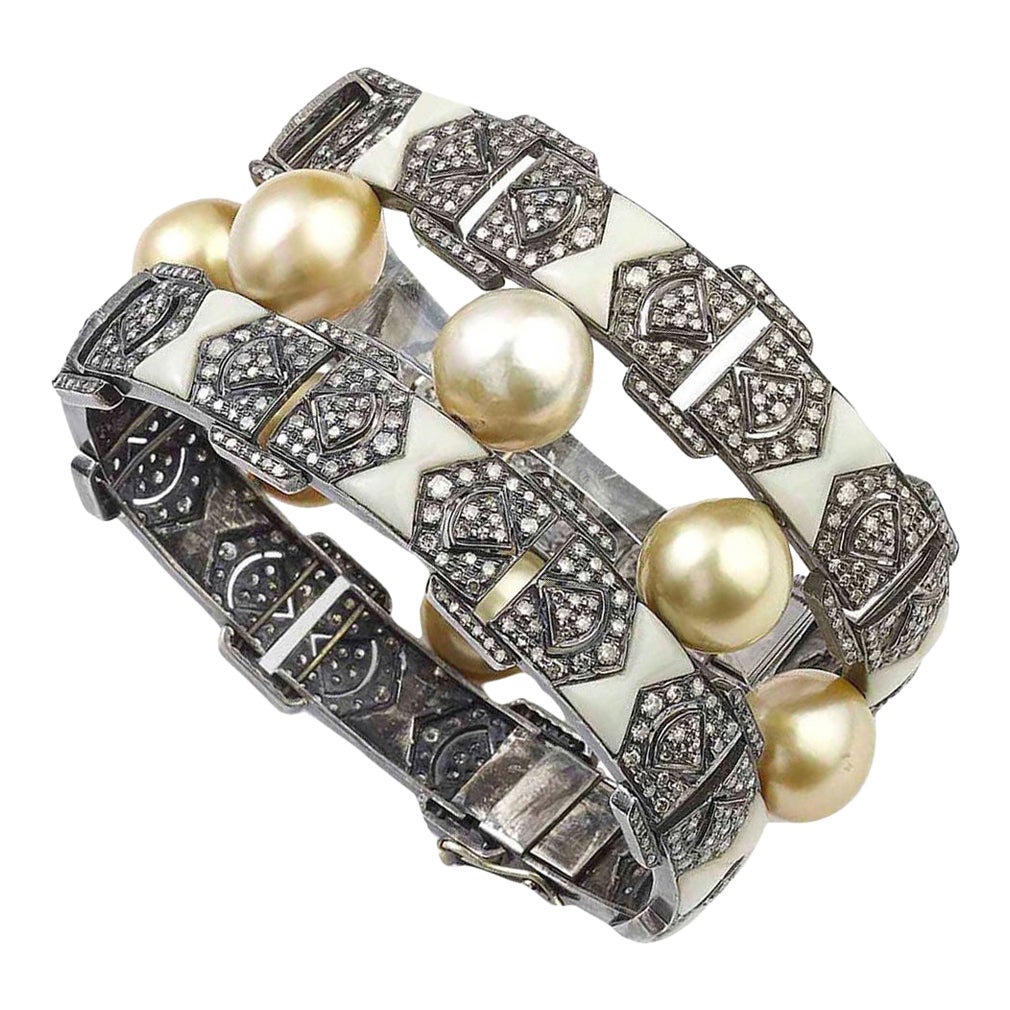 Modern South Sea Pearl, Diamond, Bakelite, Silver and Gold Bracelet For Sale
