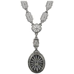 1930s Art Deco Sapphire Diamond Gold Filigree Necklace