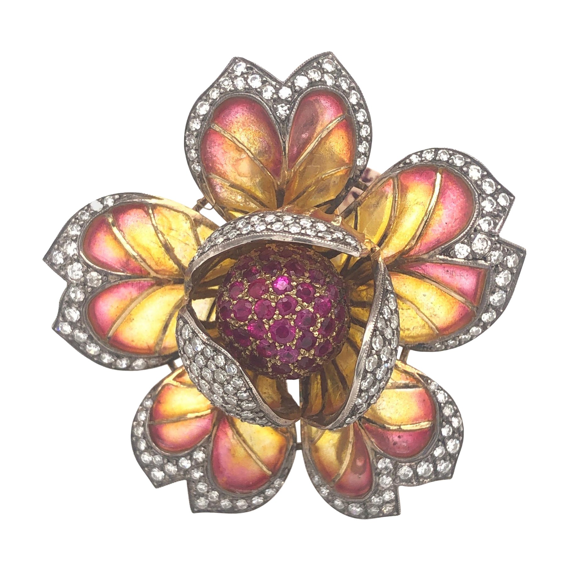 Plique a Jour Enamel, Ruby, Diamond, Gold and Silver Flower Brooch For Sale