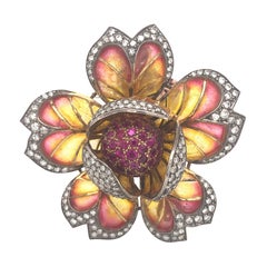 Plique a Jour Enamel, Ruby, Diamond, Gold and Silver Flower Brooch