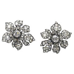 Antique Diamond and Silver-Upon-Gold Flower Earrings Circa 1880 9.00 Carats