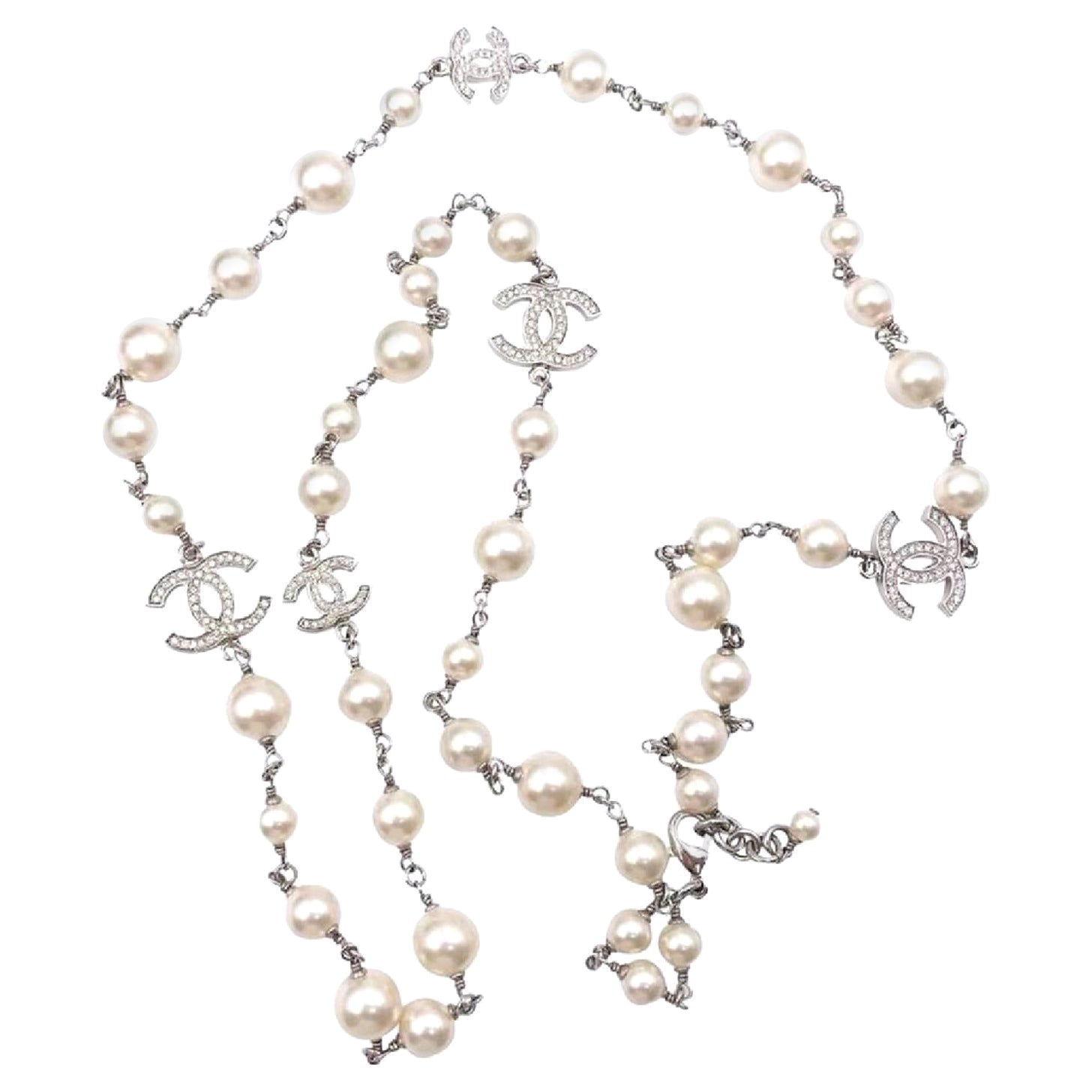 Chanel Classic 5 Silver CC Crystal Faux Pearl Long Necklace For Sale