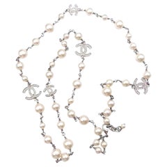 Chanel Classic 5 Silver CC Crystal Faux Pearl Long Necklace