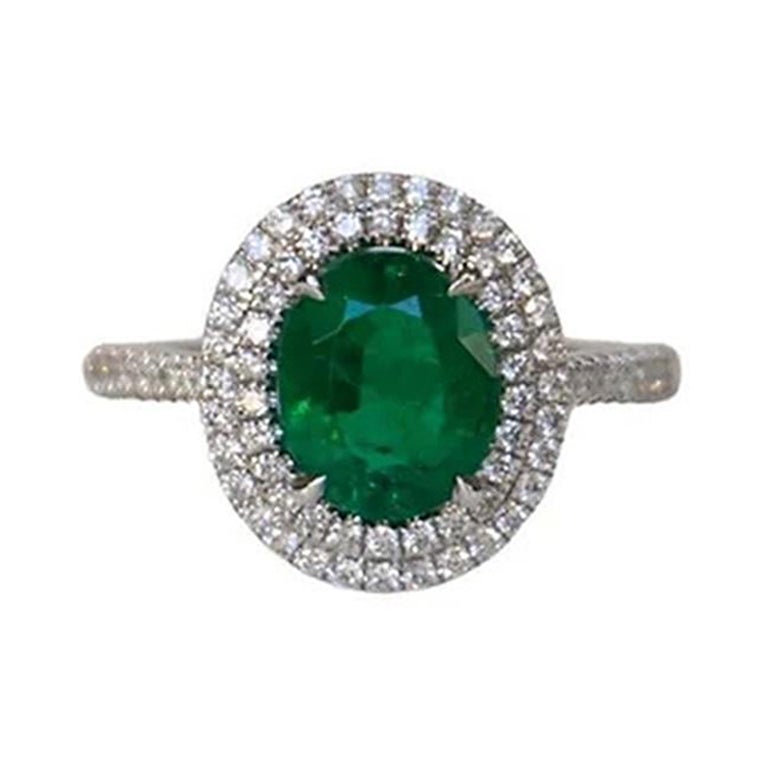 1.65 Carat Emerald Double Halo Ring For Sale