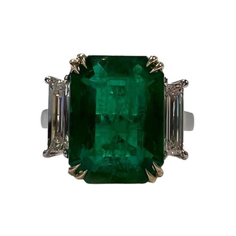 6.57 Carat Emerald Three Stone Ring For Sale