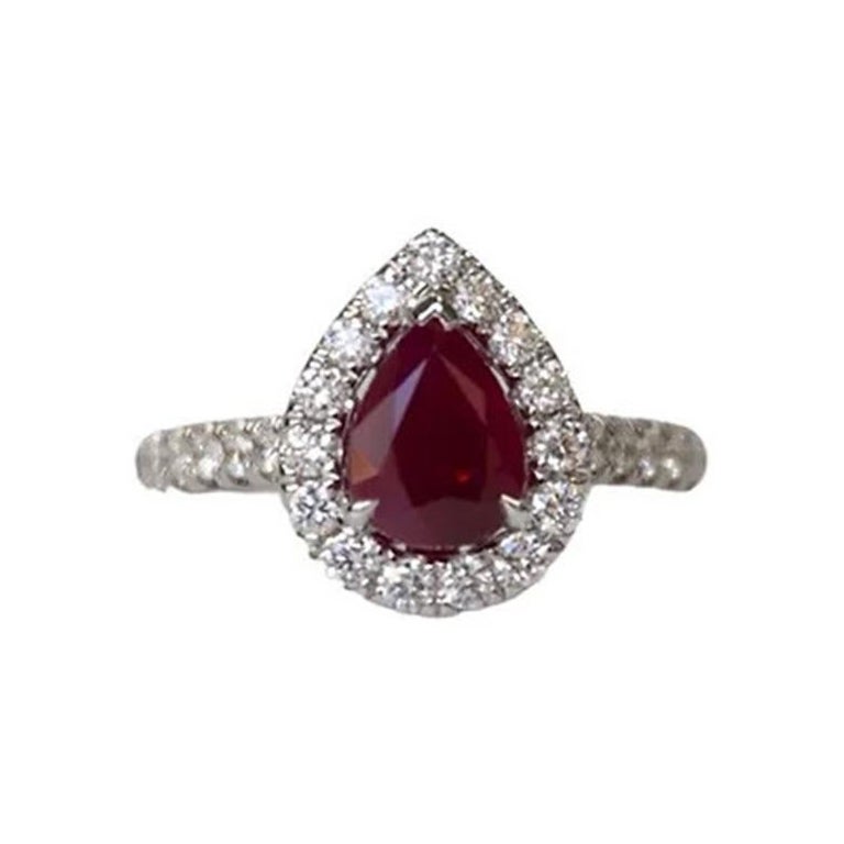 1.45 Carat Burma Ruby Pear Halo Ring For Sale