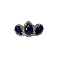 2.8 Carat Sapphire Pear Three Stone Halo Ring