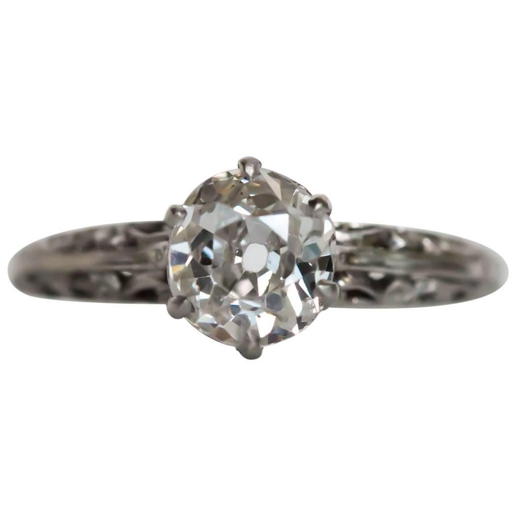 1900s Edwardian Platinum .83 Carat Antique Cushion Cut Diamond Engagement Ring